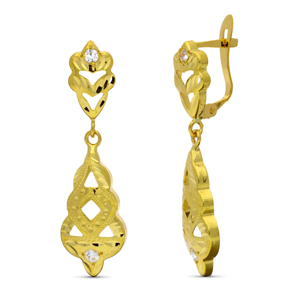 Pendientes Dos Cuerpos Cubanas Cigarron Tallado con Circonita 31 x 10 mm catalán de oro amarillo 18K
