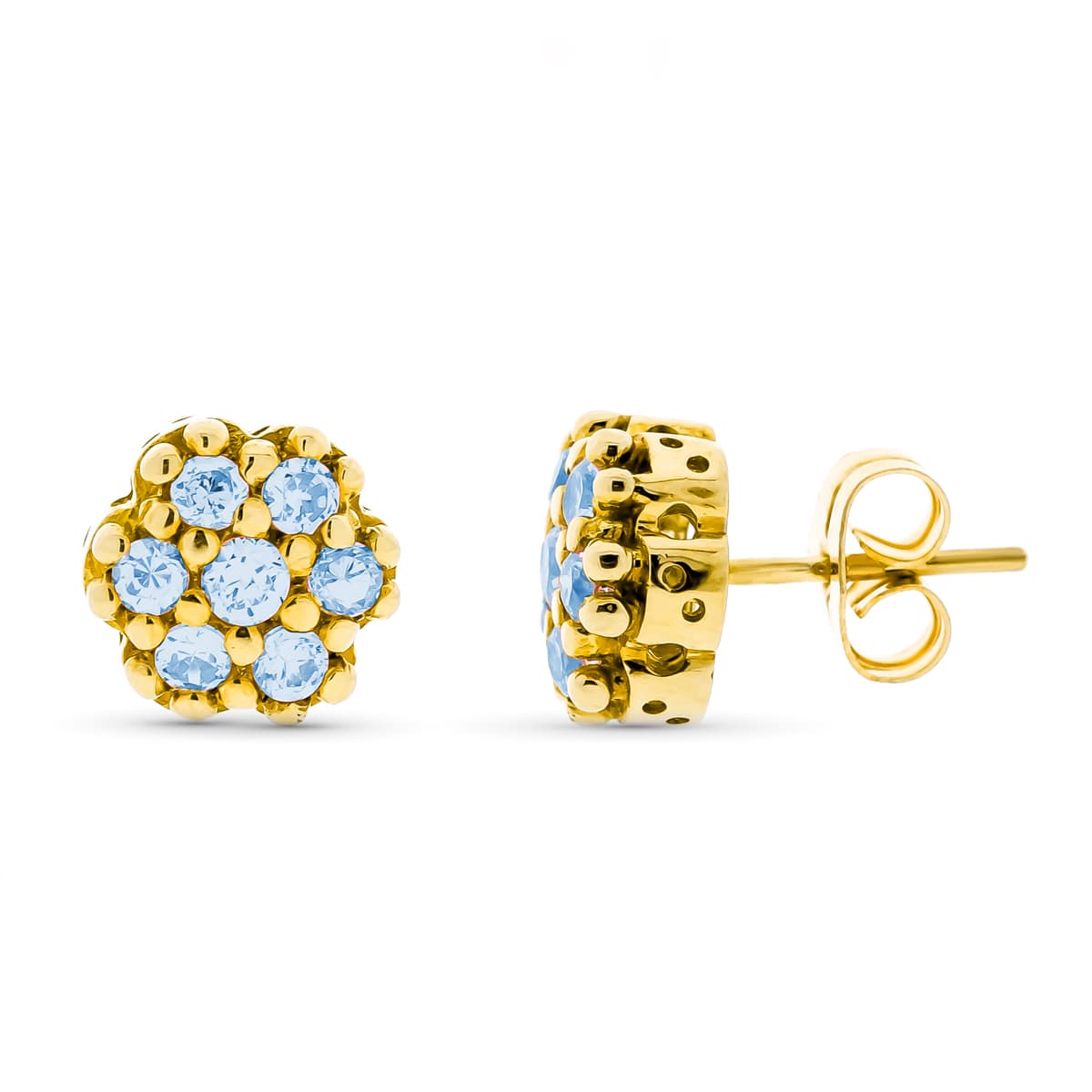 Pendientes Circonita Aguamarina 9 mm Cierre a Presión de oro amarillo 18K