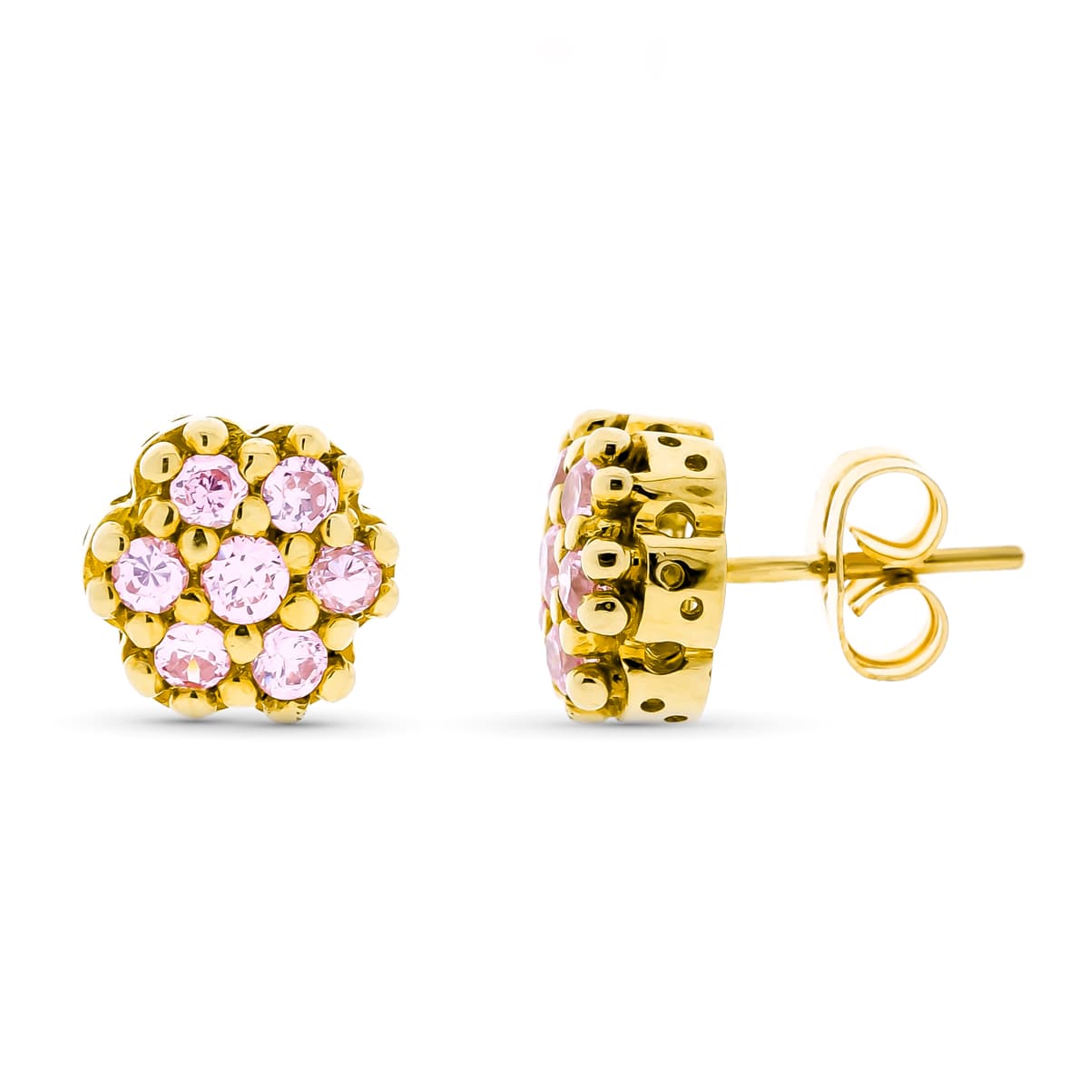 Pendientes Circonita Rosas 9 mm presión de oro amarillo 18K