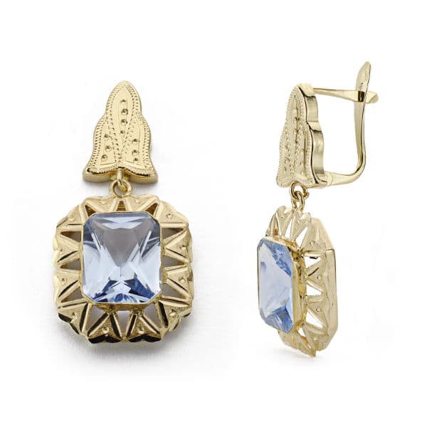 18K PENDIENTES CUBANAS 2 CUERPOS ORO AMARILLO PIEDRA RECTANGULAR CIERRE CATALAN