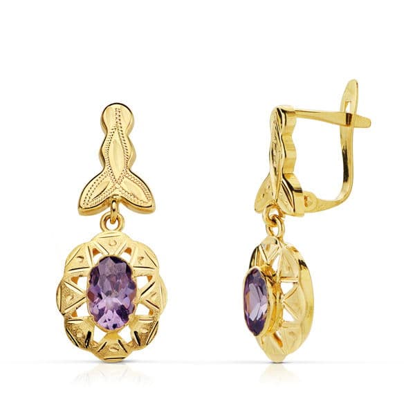 Pendientes Cubanas Amatista 23 x 10 mm de oro amarillo 18K
