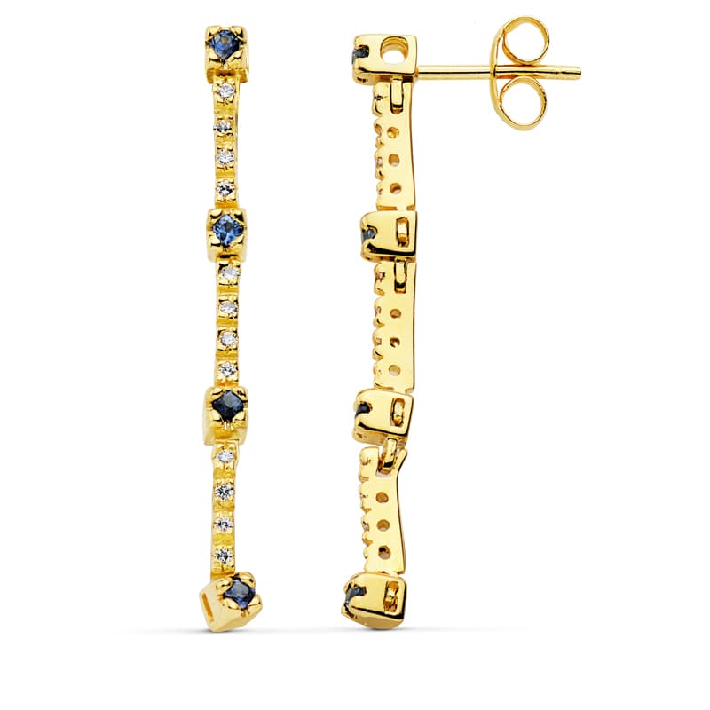 18K PENDIENTES ORO AMARILLO LARGOS 16 CIRCONITA Y ZAFIRO PRESION