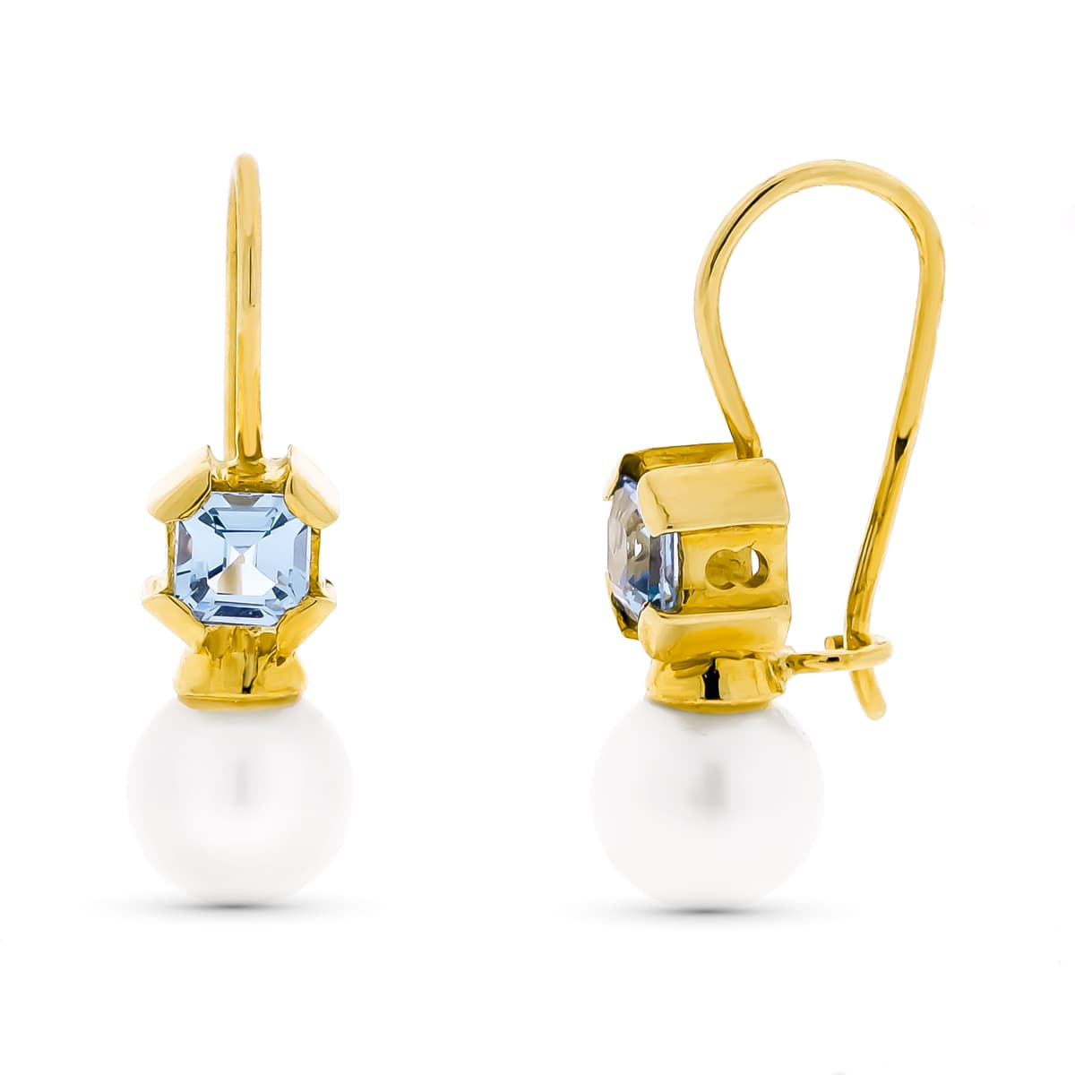 Pendientes Perla Cultivada 7 mm Aguamarina Cierre Gancho de oro amarillo 18K