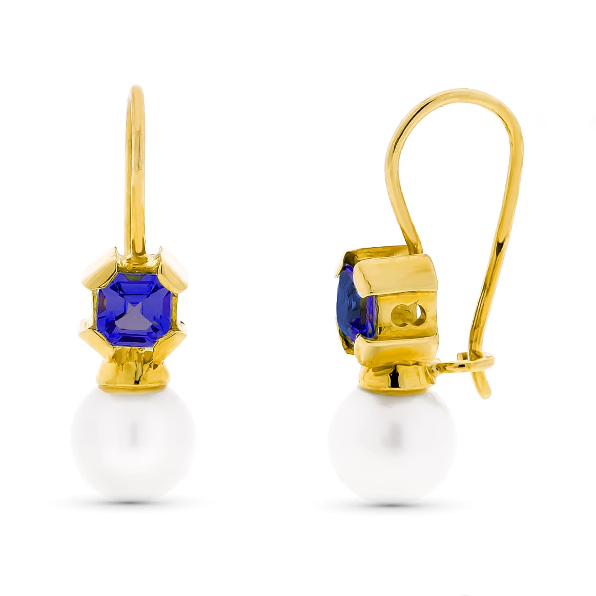 Pendientes Perla Cultivada 7 mm Amatista Cierre Gancho de oro amarillo 18K