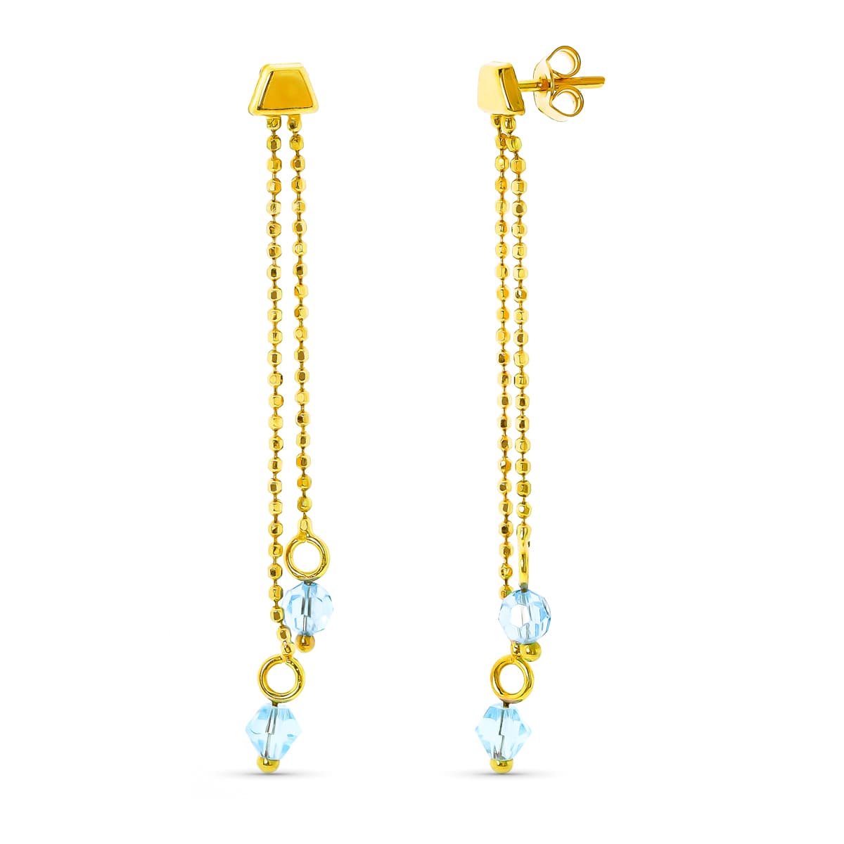 18K PENDIENTES ORO AMARILLO 2 CADENAS CON PIEDRA AGUAMARINA PRESIÓN