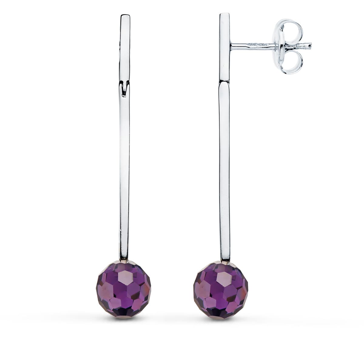 18K PENDIENTES ORO BLANCO LARGOS BOLA 8 MM PRESIÓN