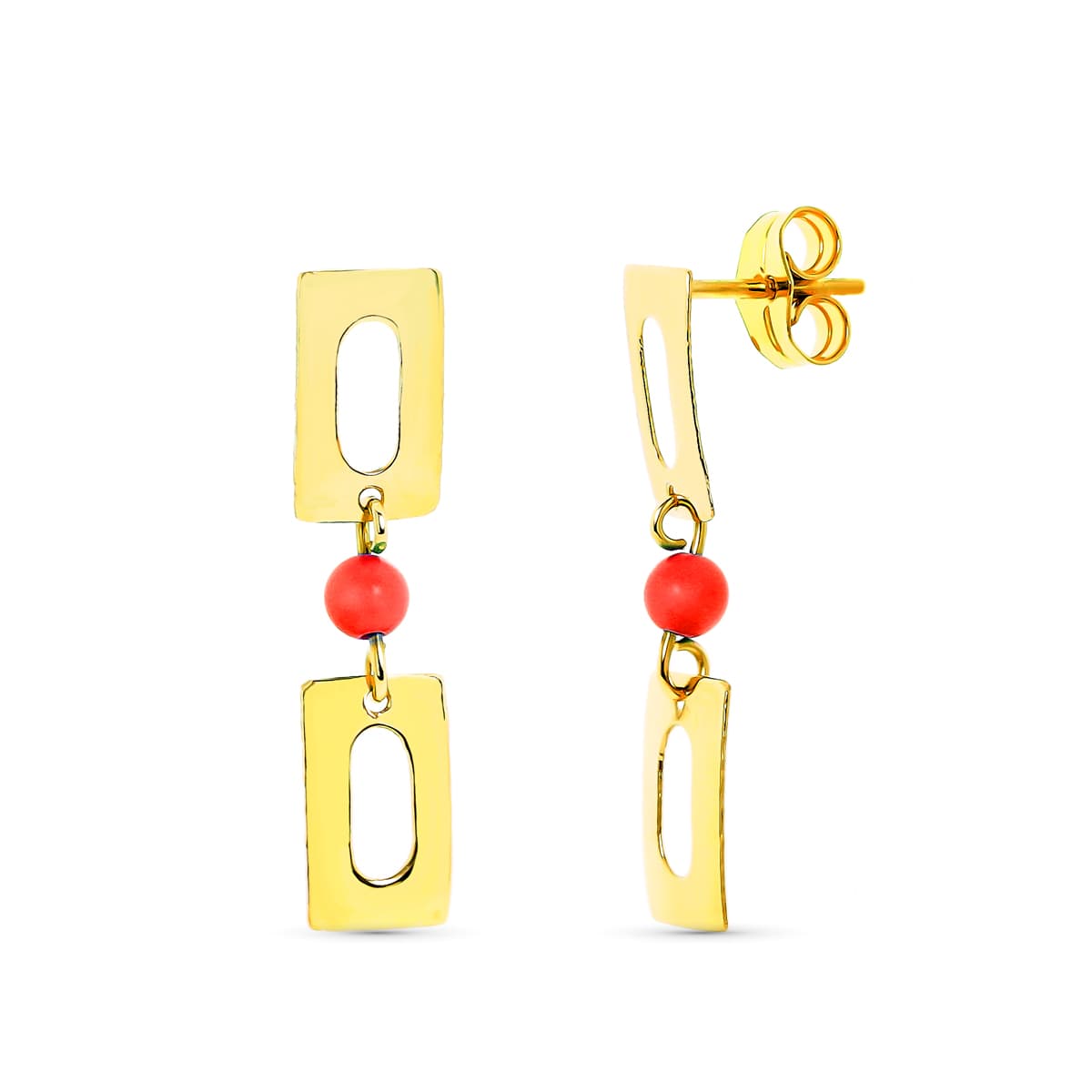 Pendientes Largos Coral 3 mm Rectangulos presión de oro amarillo 18K