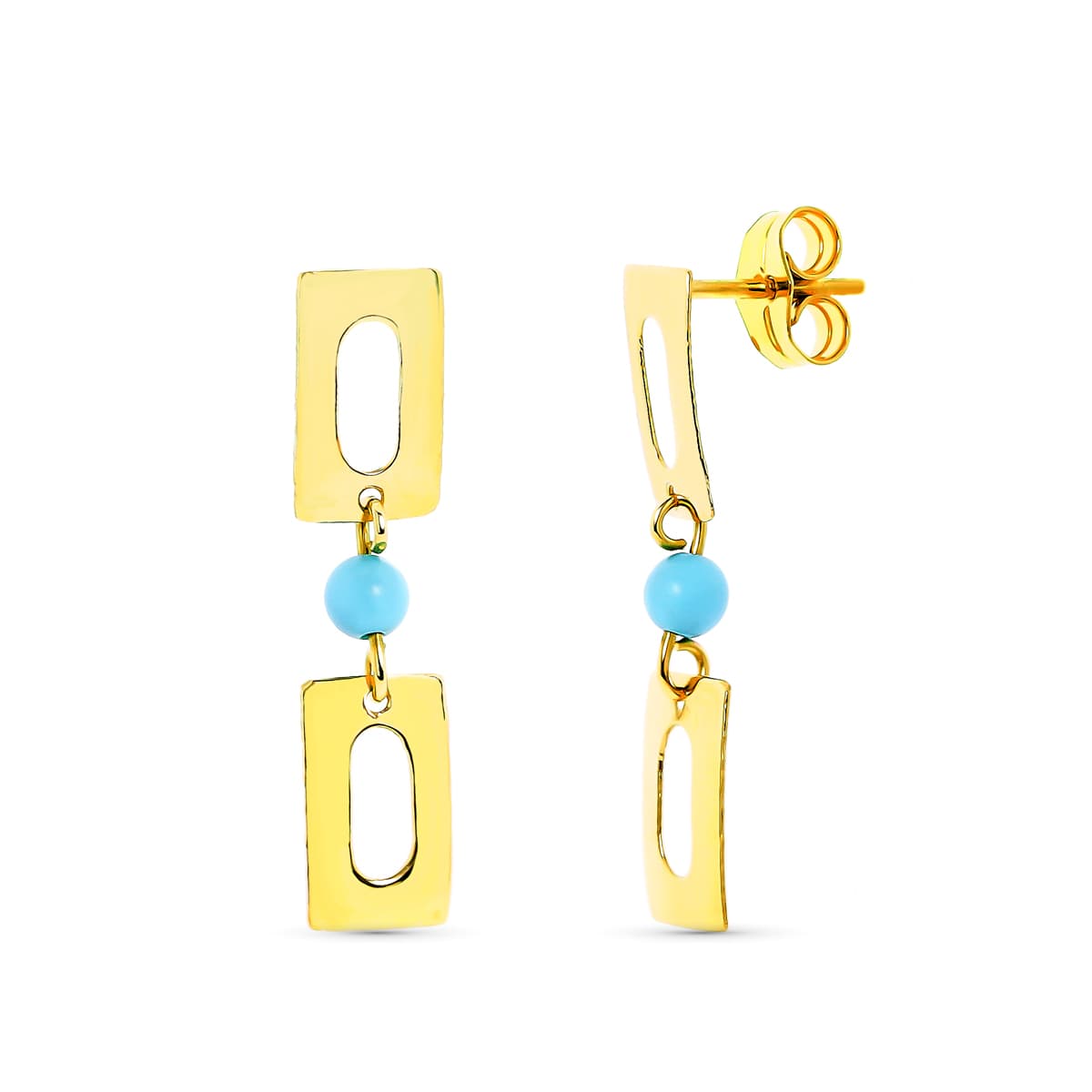 Pendientes Largos Turquesa 3 mm Rectangulos presión de oro amarillo 18K