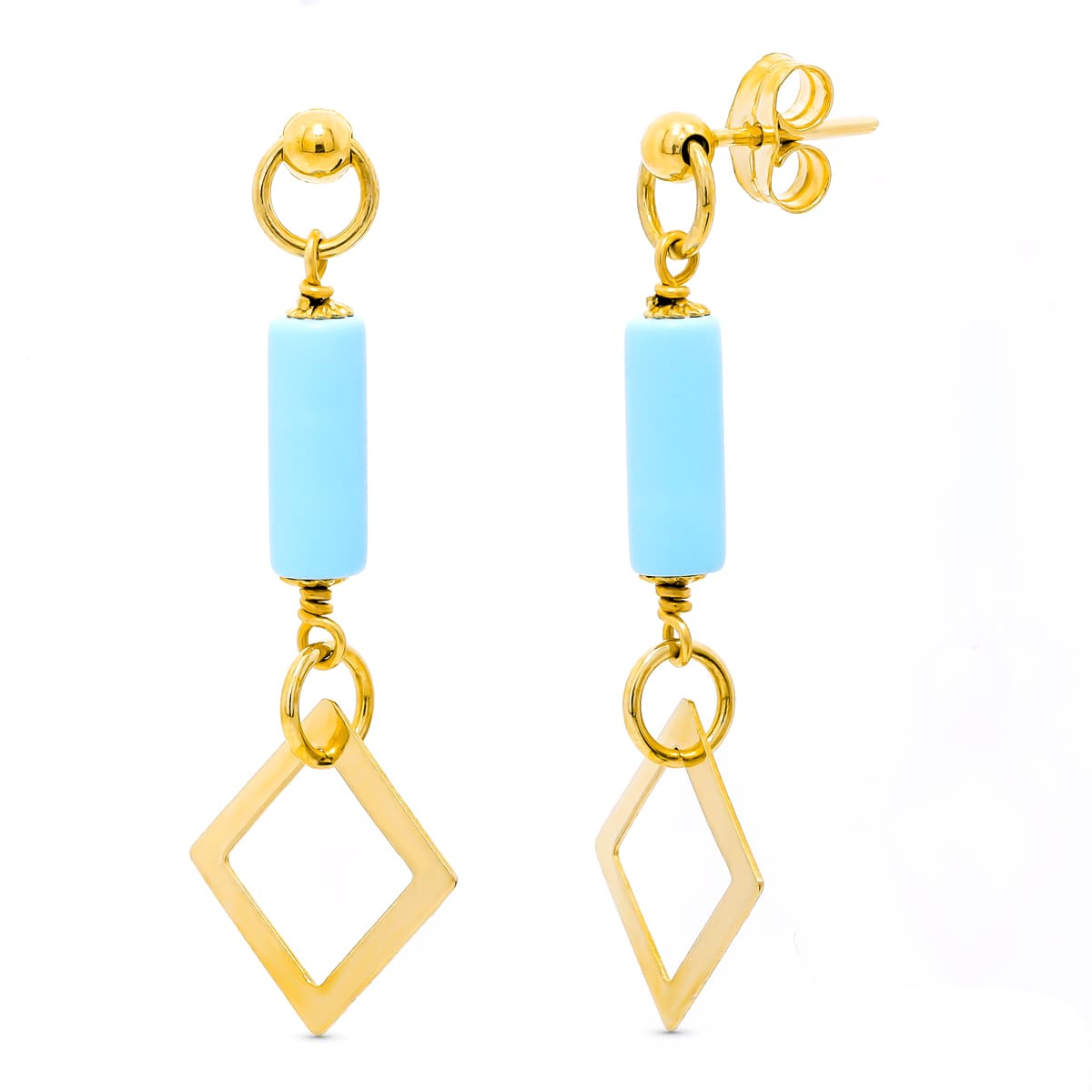 Pendientes Turquesa Rombo presión de oro amarillo 18K