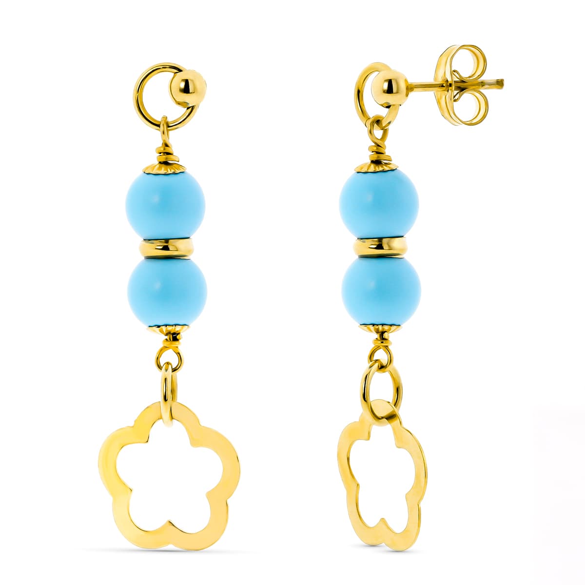 Pendientes 2 Bolas Turquesa 6 mm Flor de oro amarillo 18K