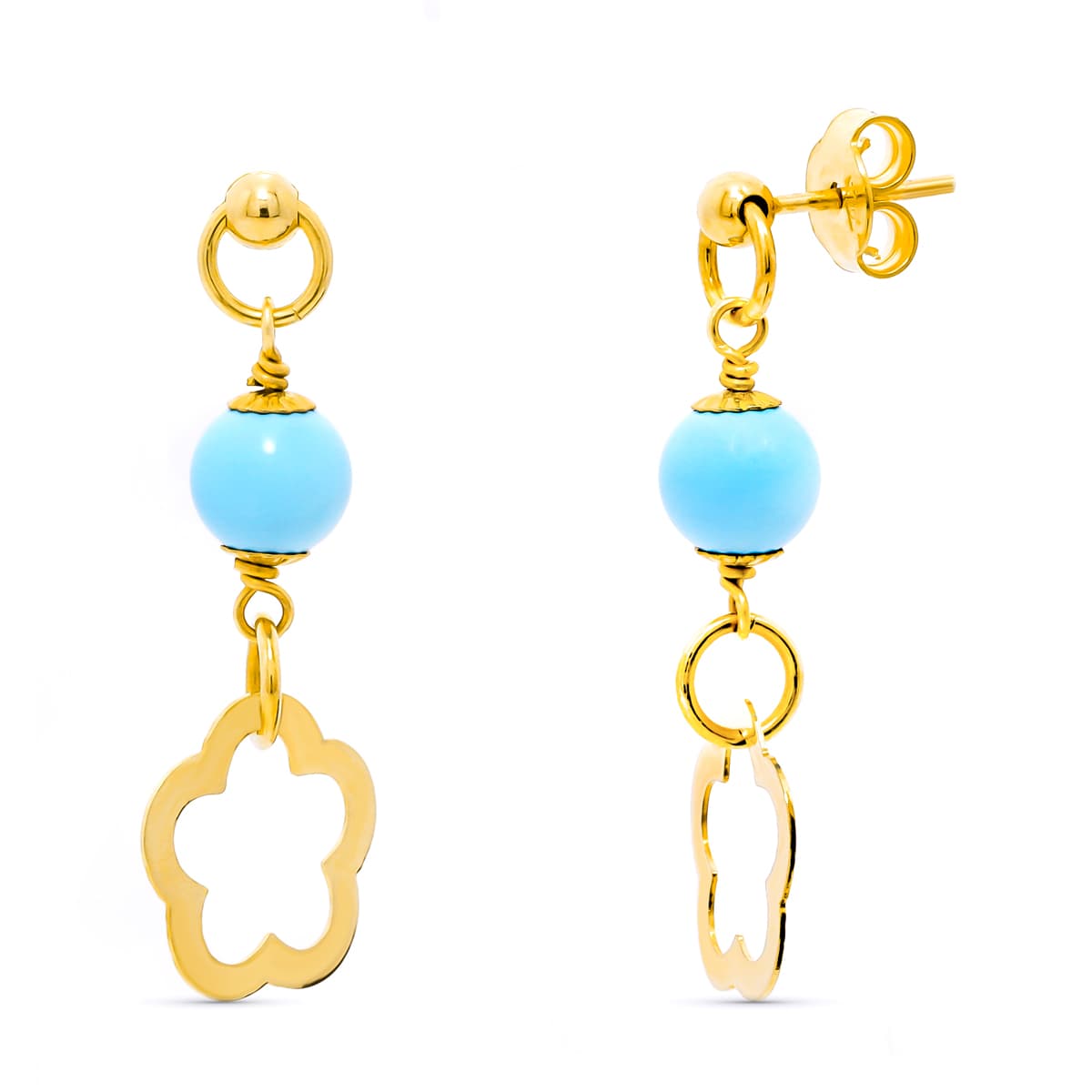 Pendientes Turquesa 6 mm Flor presión de oro amarillo 18K