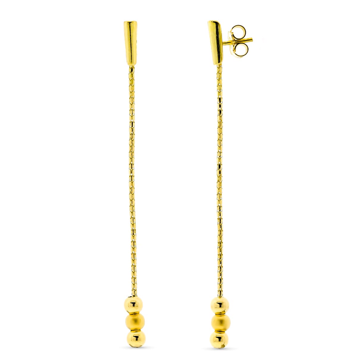 18K PENDIENTES ORO AMARILLO CON CADENA BARRA Y 3 BOLAS. CIERRE PRESION