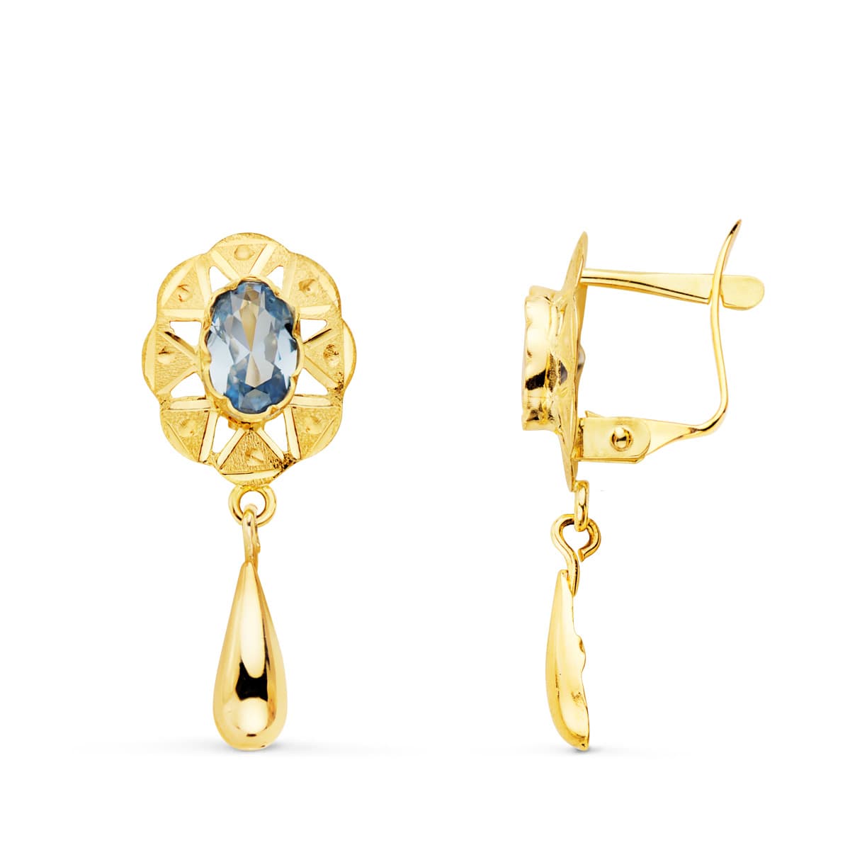 Pendientes Cubanas con Aguamarina 23 x 9 mm de oro amarillo 18K