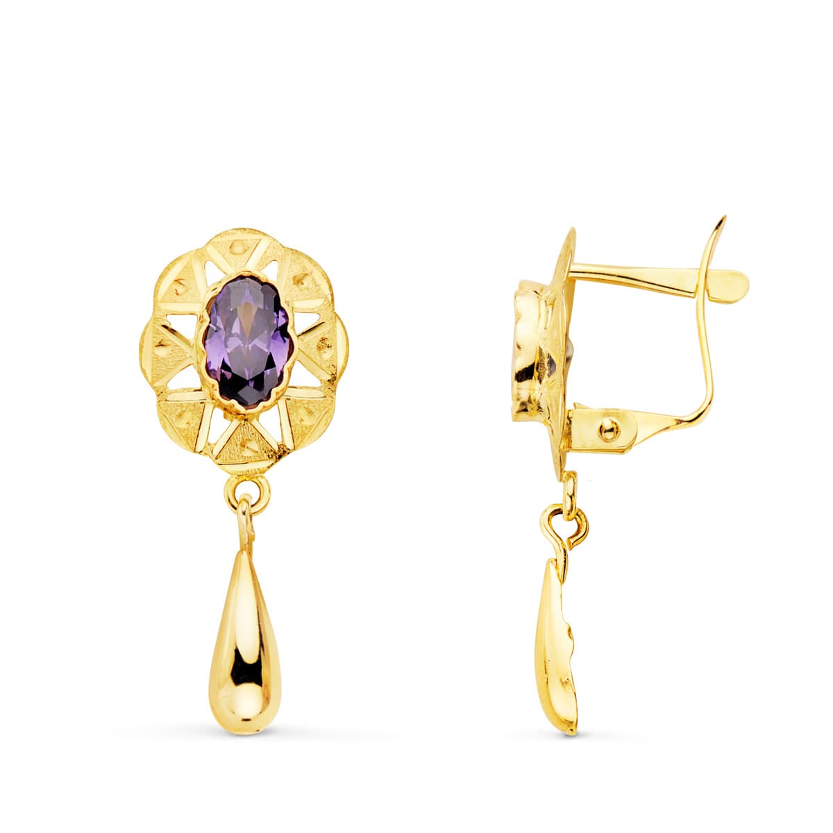 Pendientes Cubanas con Amatista 23 x 9 mm de oro amarillo 18K