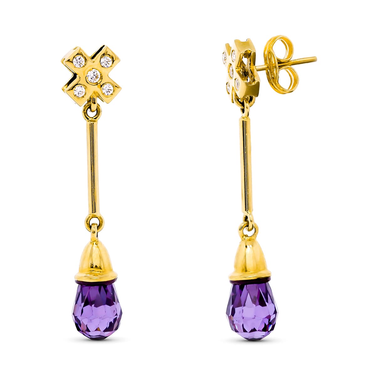 Pendientes Largo 5 Circonita Amatista de oro amarillo 18K
