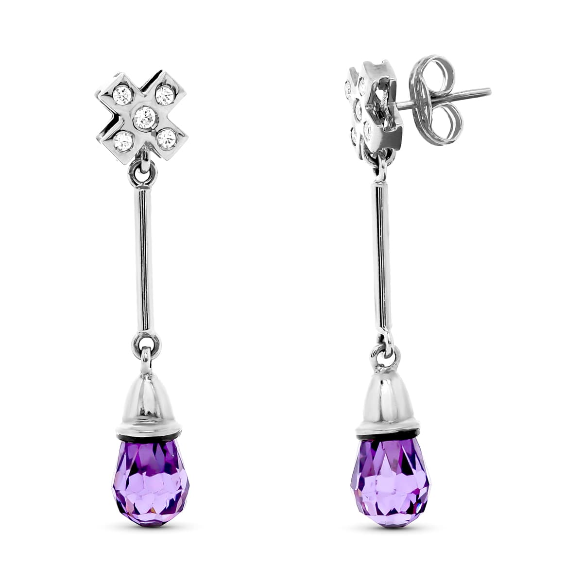Pendientes Largo 5 Circonita Amatista de oro blanco 18K