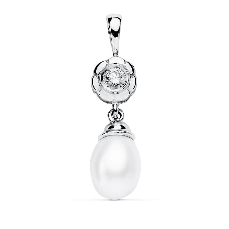 Colgante Chaton y Perla 22 x 8 mm de oro blanco 18K