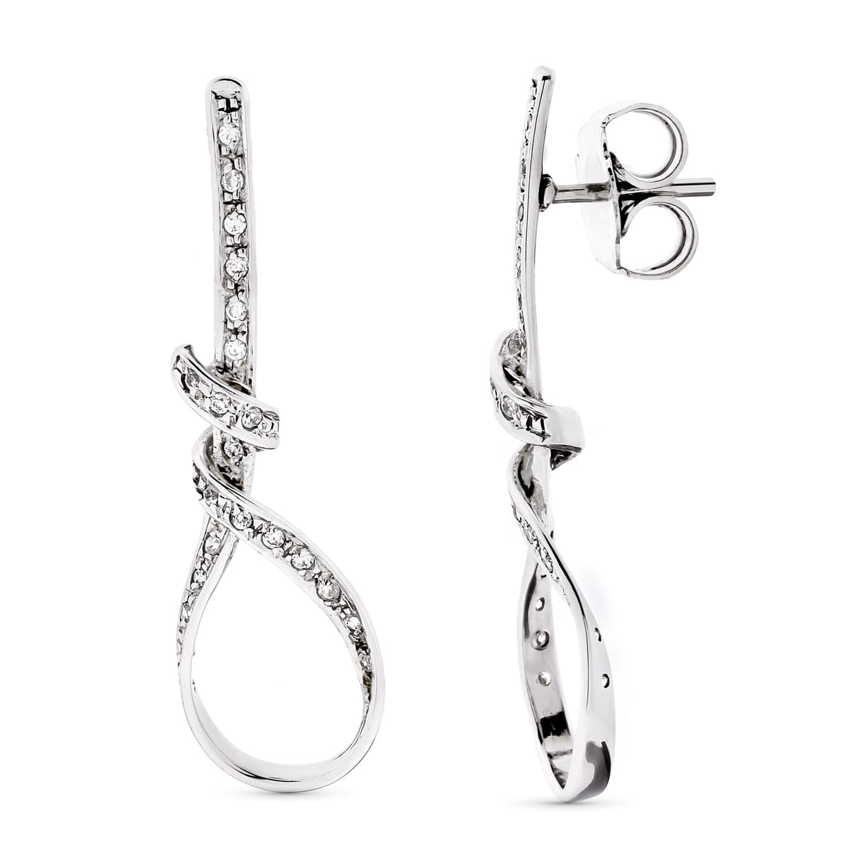18K PENDIENTES ORO BLANCO LARGOS NUDO CIRCONITA 41X12 MM PRESIÓN