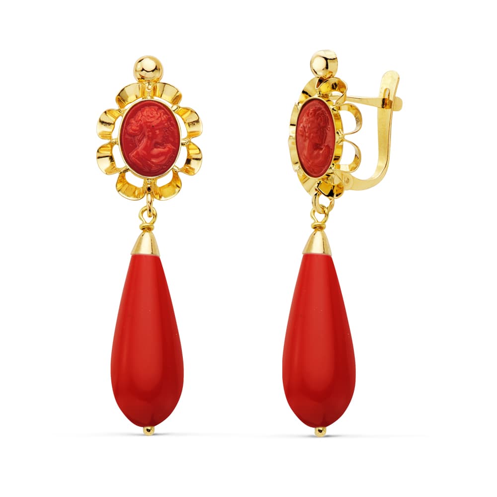 18K PENDIENTES ORO AMARILLO CORALINA CAMAFEO 38X10 MM CIERRE CATALÁN