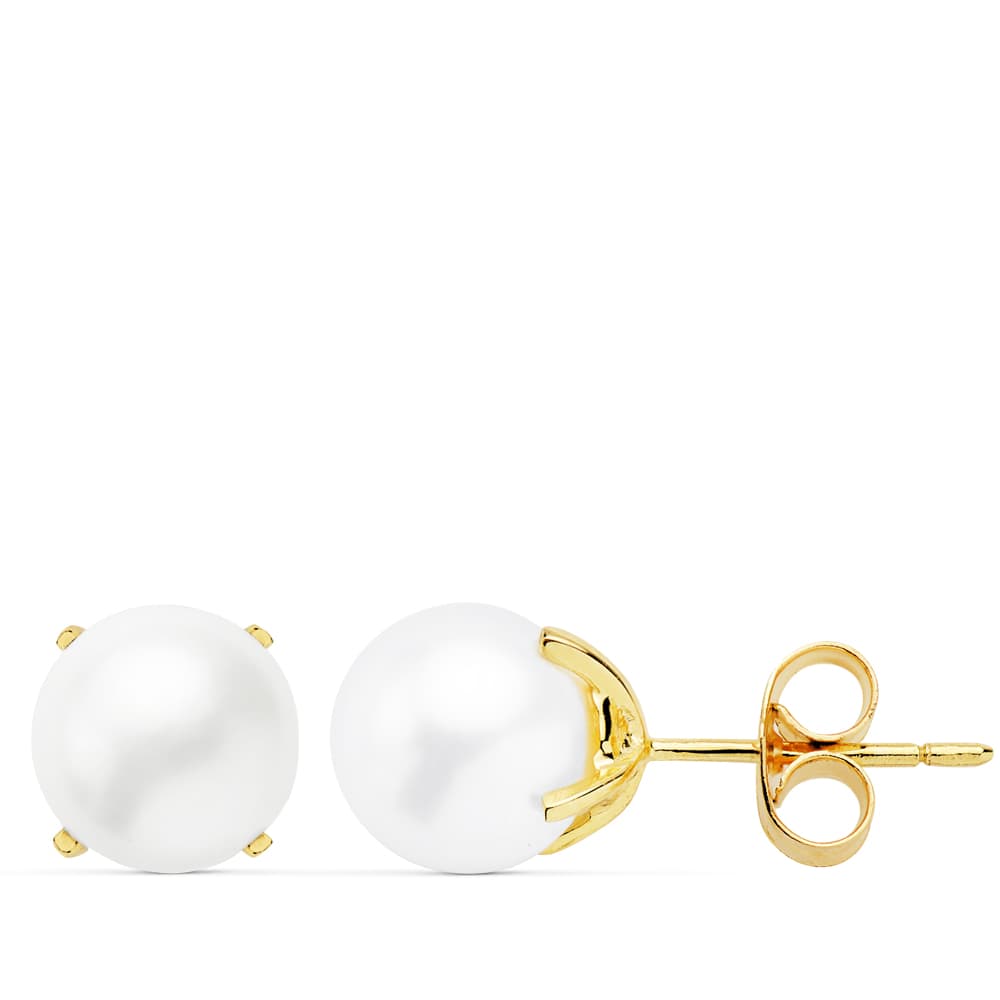 18K PENDIENTES ORO AMARILLO PERLA CULTIVADAS 7.5-8 MM CIERRE PRESION
