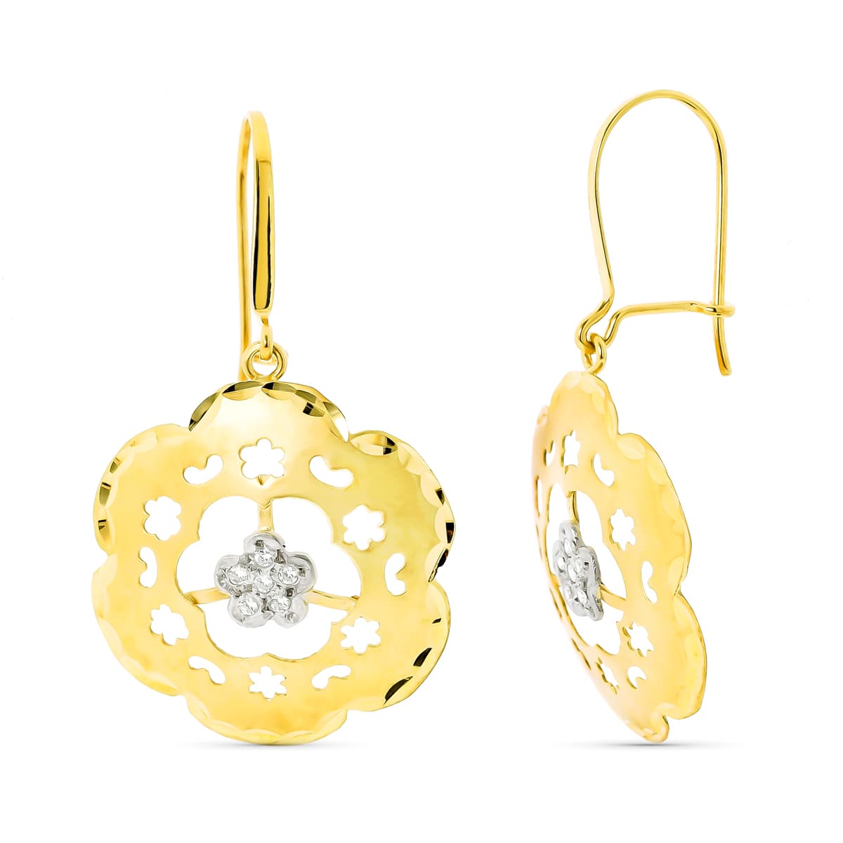 18K PENDIENTES ORO BICOLOR FLOR MATE Y BRILLO CIERRE GANCHO