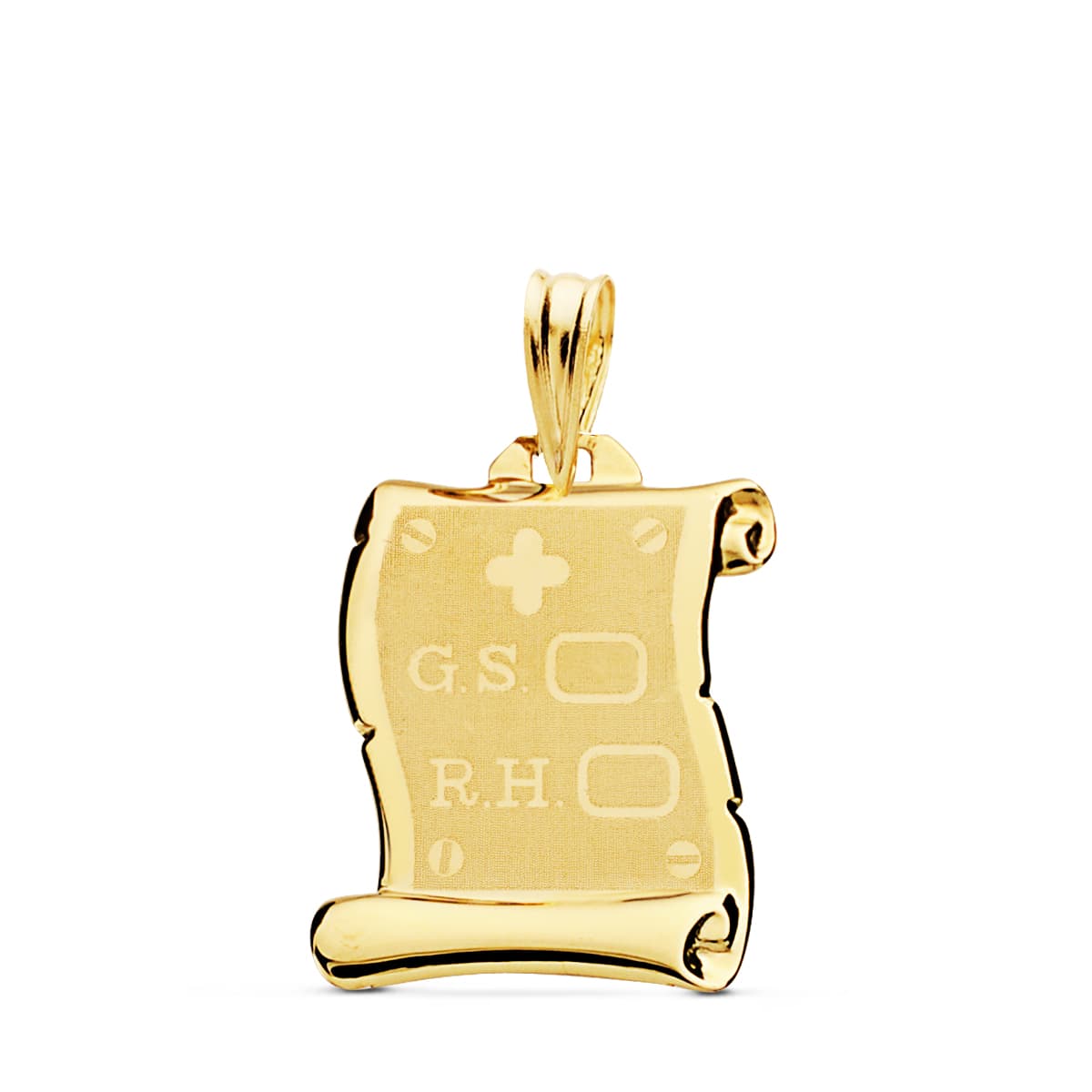 18K PLACA CHAPA COLGANTE PERGAMINO ORO AMARILLO BRILLO GRUPO SANGUINEO RH MATE 18X14 MM