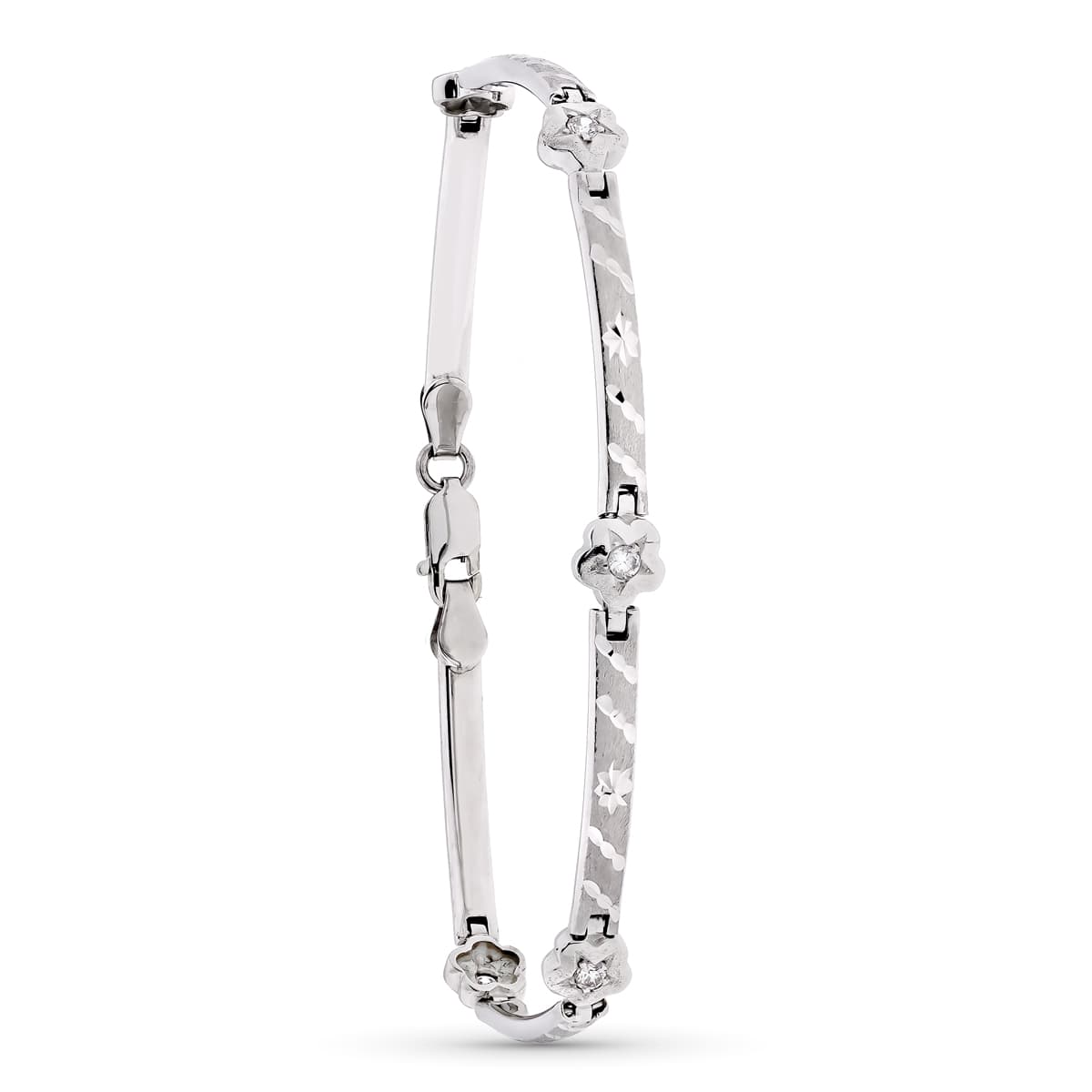 Pulsera Mate y Barras y Flores 18,5 cm de oro blanco 18K