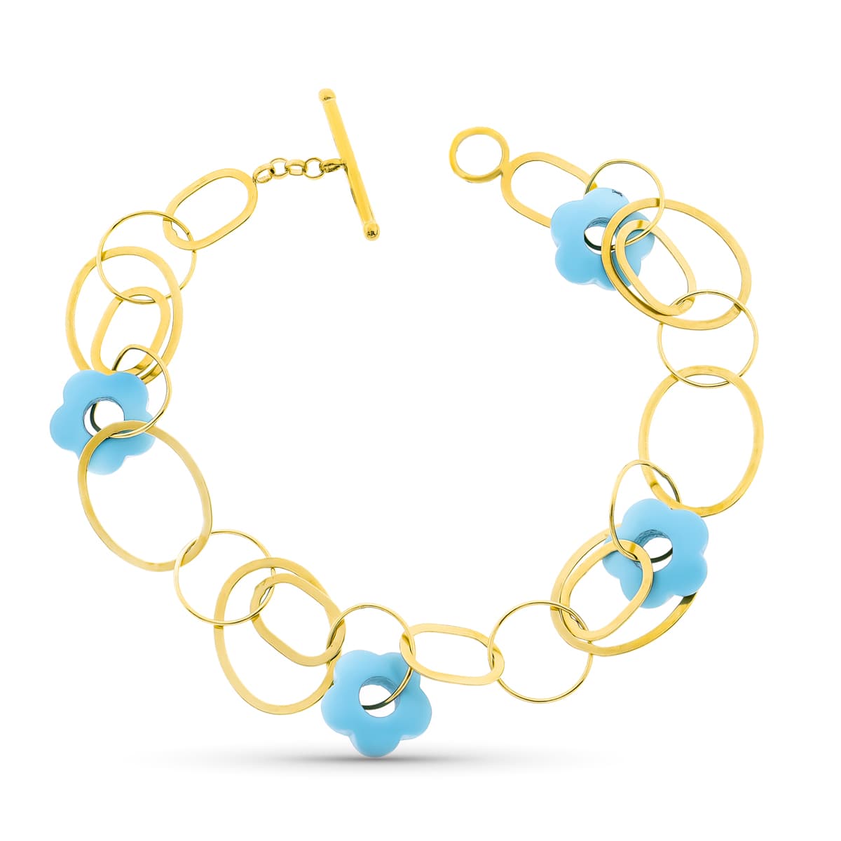 Pulsera Circulos y Flor Turquesa 20 cm de oro amarillo 18K
