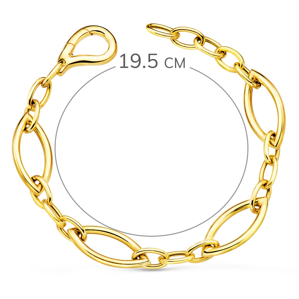 18K PULSERA ORO AMARILLO ESLABONES OVALES BRILLO ANCHO 10 MM LARGO 19.5 CM
