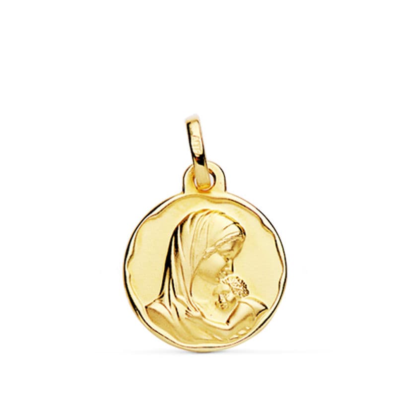 Medalla Virgen Madre con Niño Matizada 15 mm de oro amarillo 9K