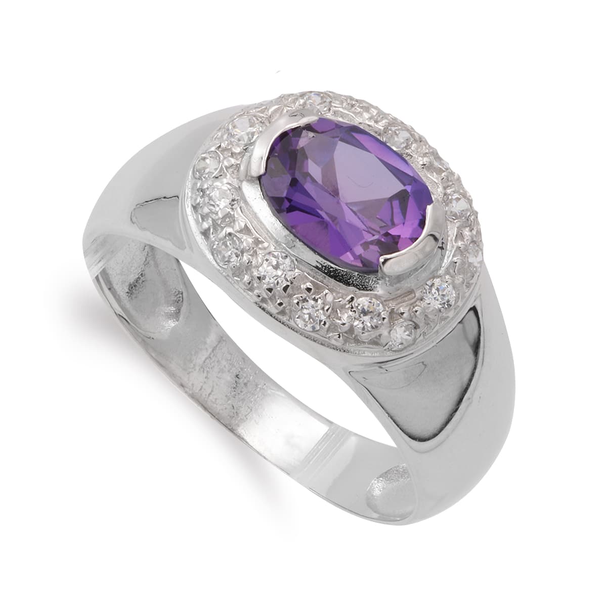 Sortija Amatista y Circonitas. Ancho: 13 mm de oro blanco 18K