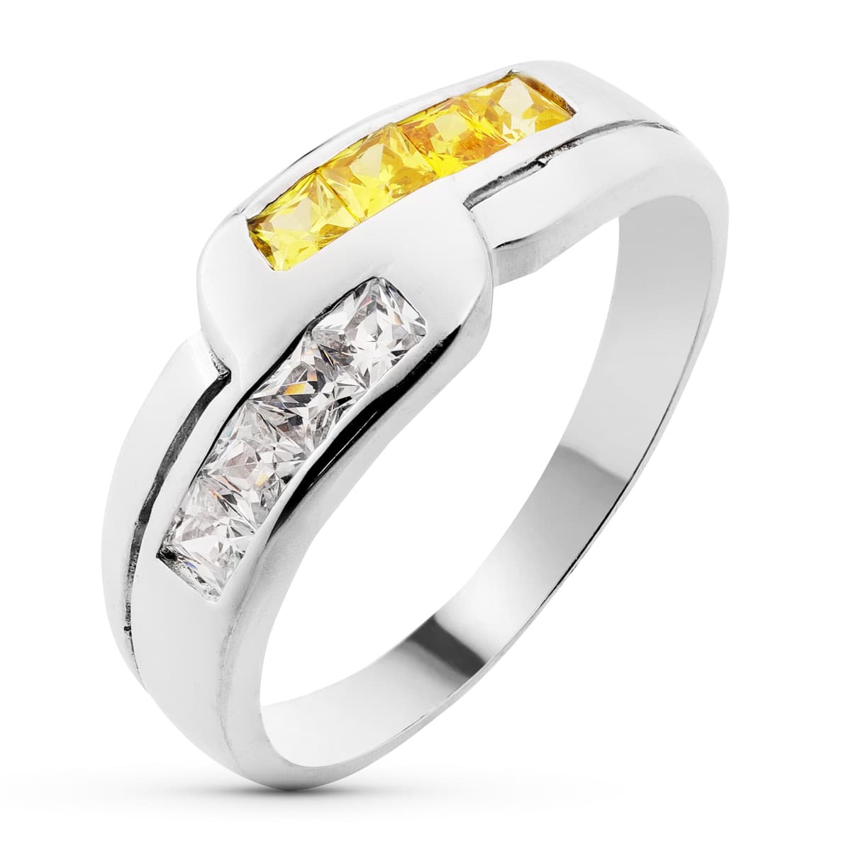 Sortija con Circonita Color Amarillo. Ancho: 7,5 mm de oro blanco 18K