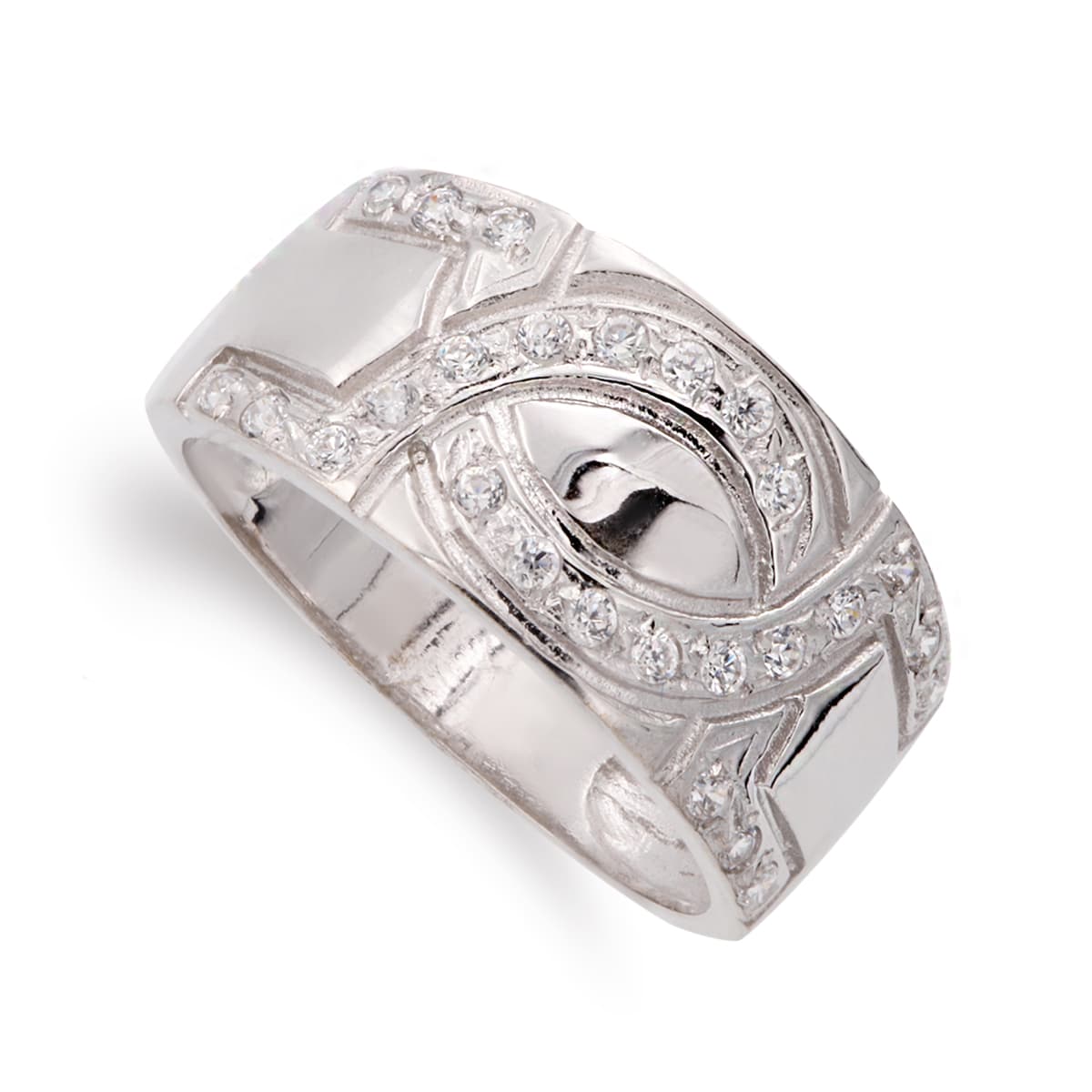 Sortija Ancha con Circonita. Ancho: 10 mm de oro blanco 18K