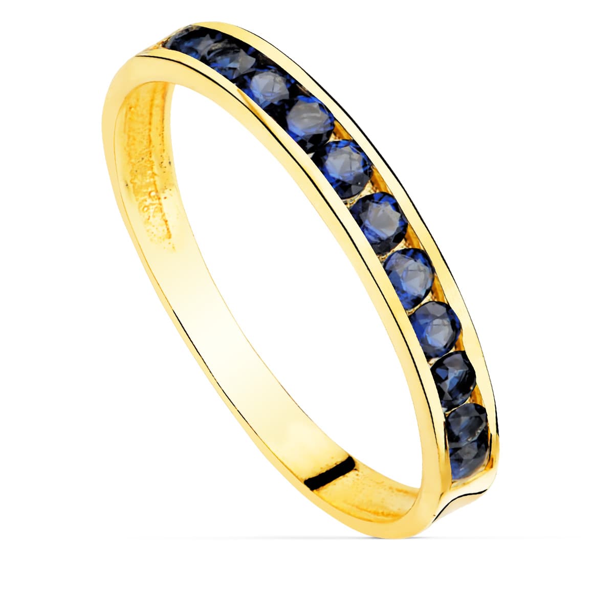 Sortija Circonita Azules. Ancho Cuerpo 2,5 mm de oro amarillo 18K
