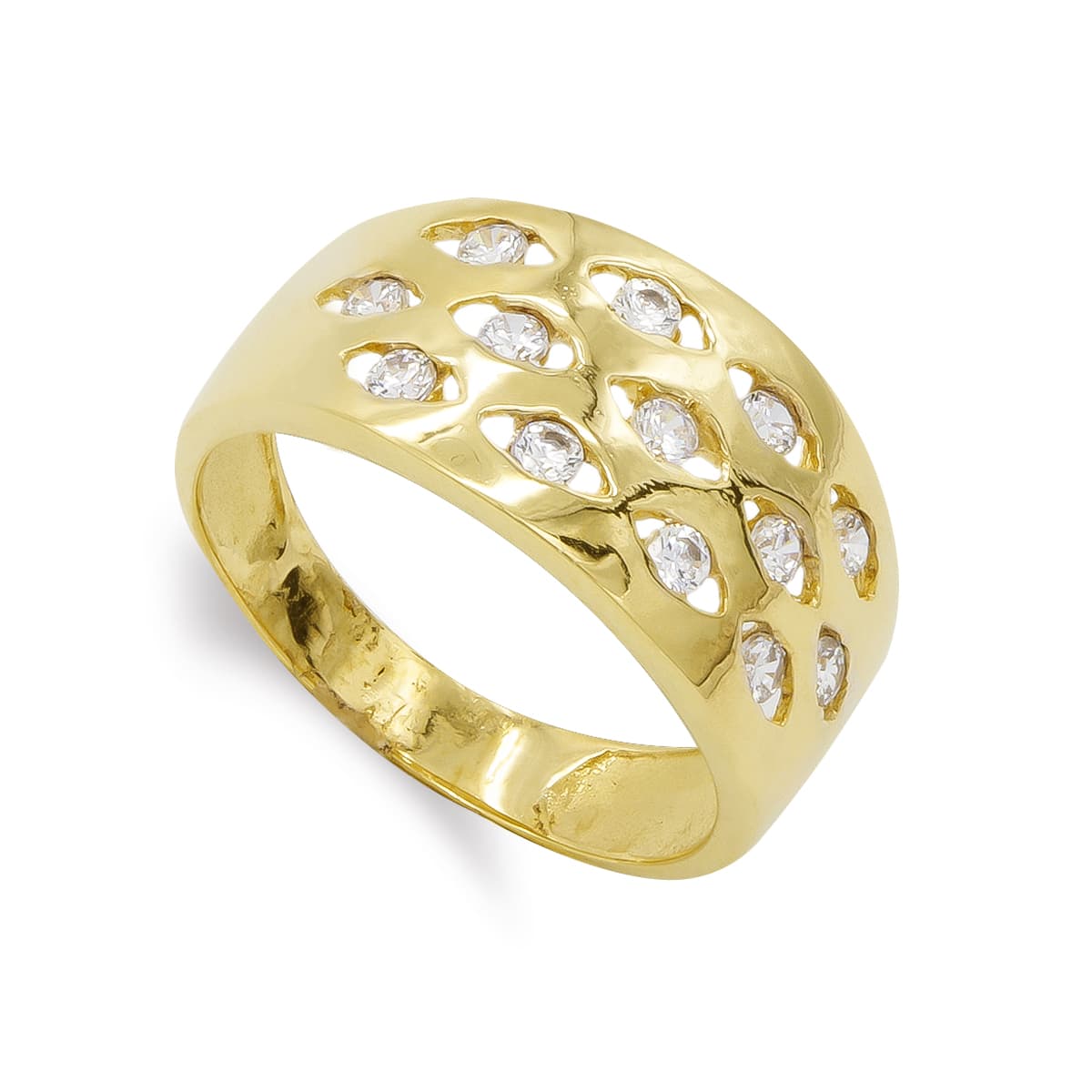 Sortija Maciza con Cironitas y Calada. Ancho: 10,5 mm de oro amarillo 18K