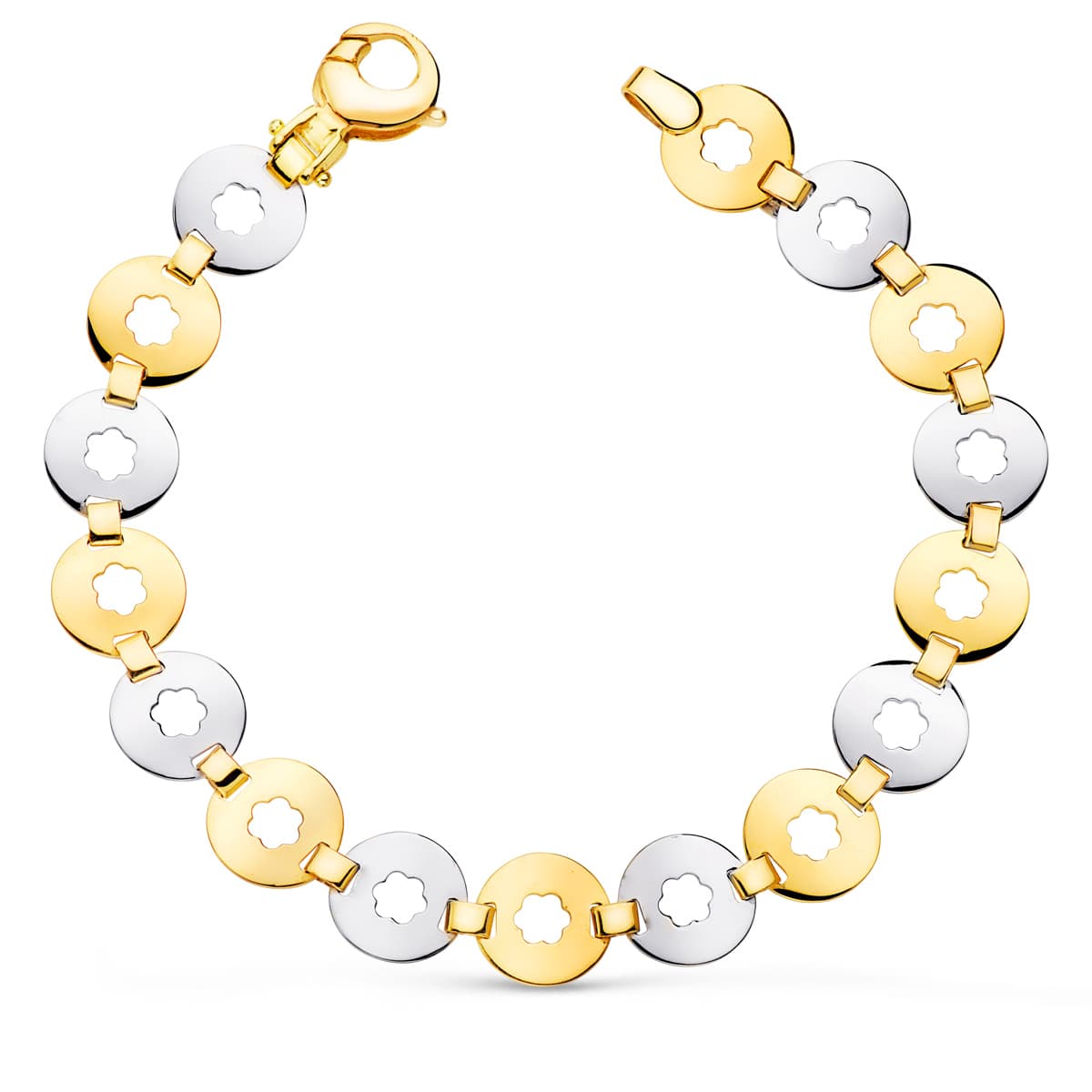 Pulsera Bicolor Eslabones Redondos con Flor Ancho 10 mm Largo 19 cm 18K