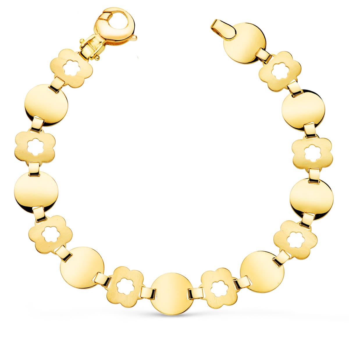 Pulsera Eslabon Redondo y Flor Mate Ancho 10 mm Largo 19,5 cm de oro amarillo 18K