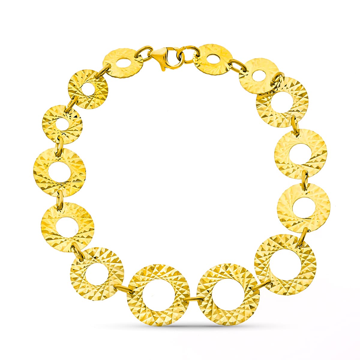 Pulsera Circulos Tallados. Ancho 13 mm Largo 18 cm de oro amarillo 18K