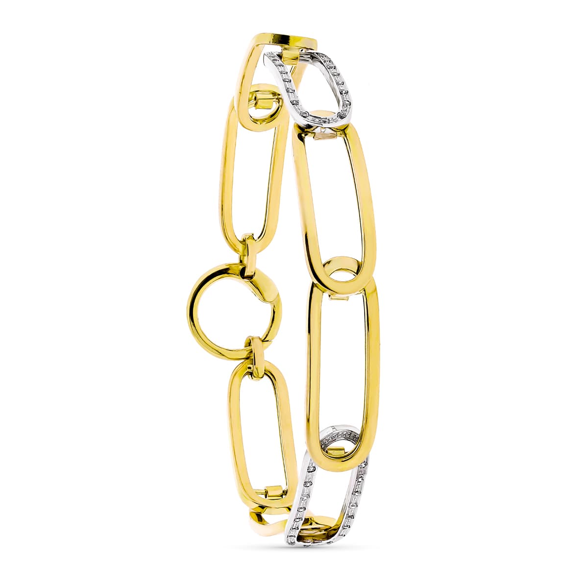 18K PULSERA ESLABONES CALADOS BICOLOR CIRCONITA ANCHO 9 MM LARGO 20CM