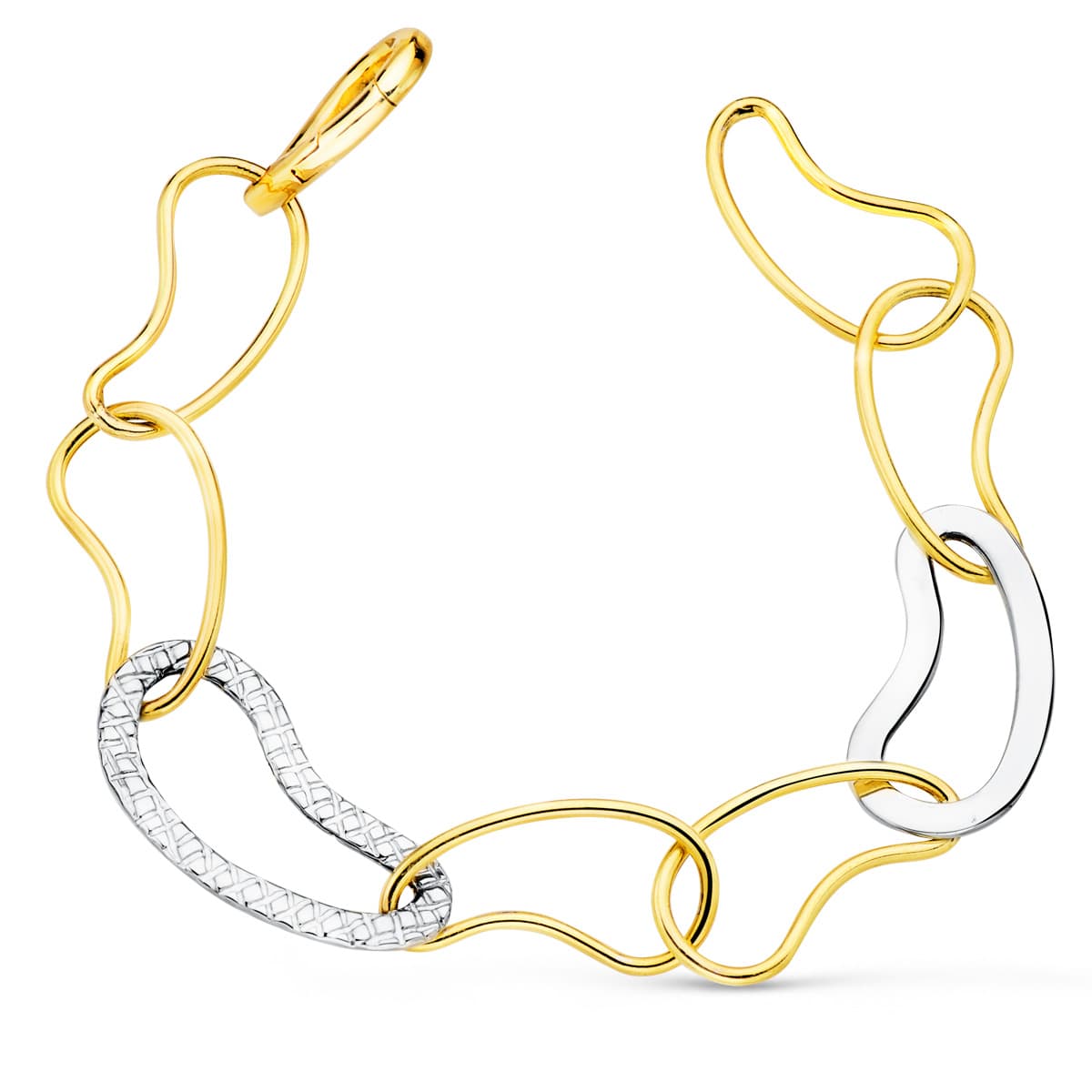 Pulsera Bicolor Eslabones Brillo y Tallados Ancho 14 mm Largo 20 cm 18K