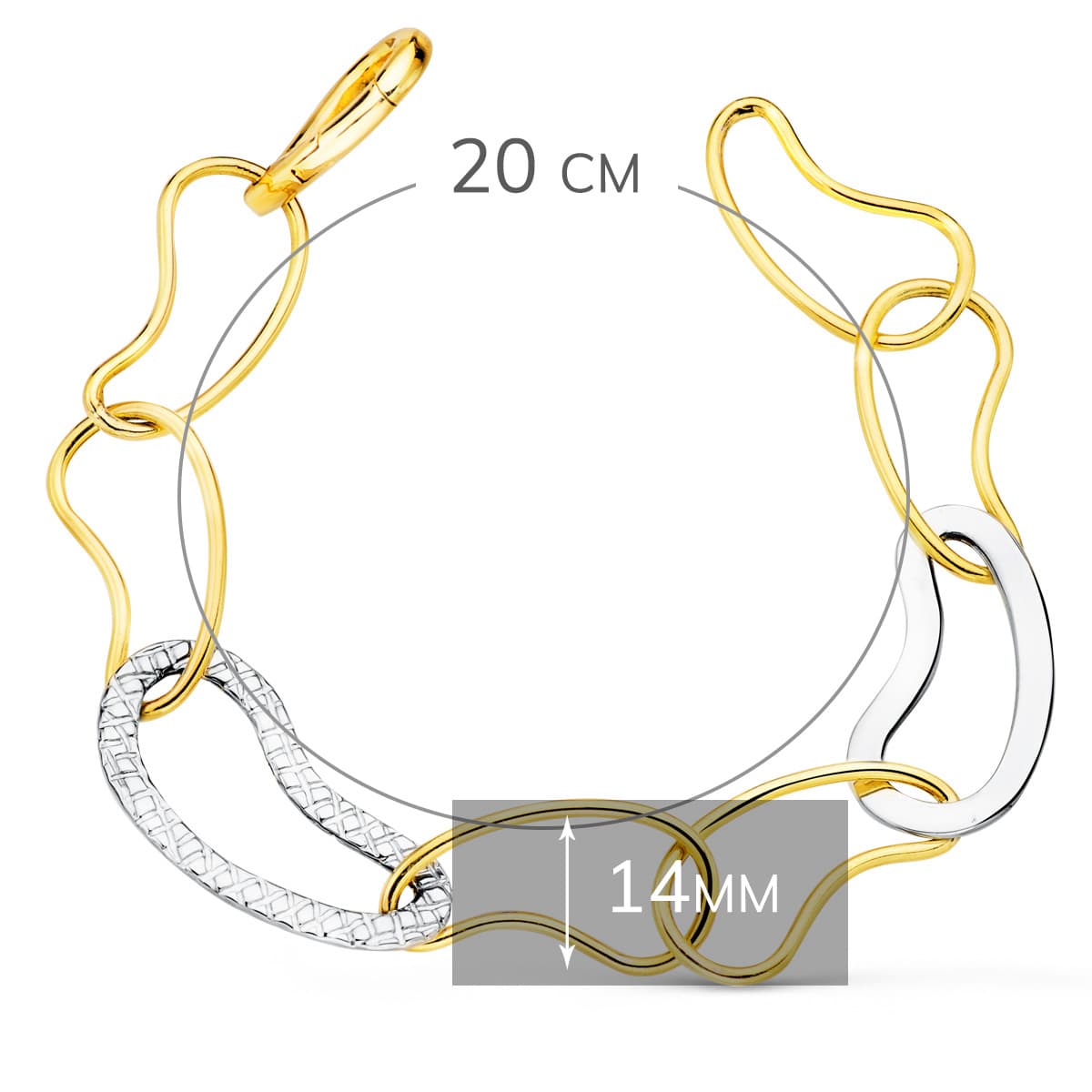 18K PULSERA ORO BICOLOR ESLABONES BRILLO Y TALLADOS ANCHO 14 MM LARGO 20CM
