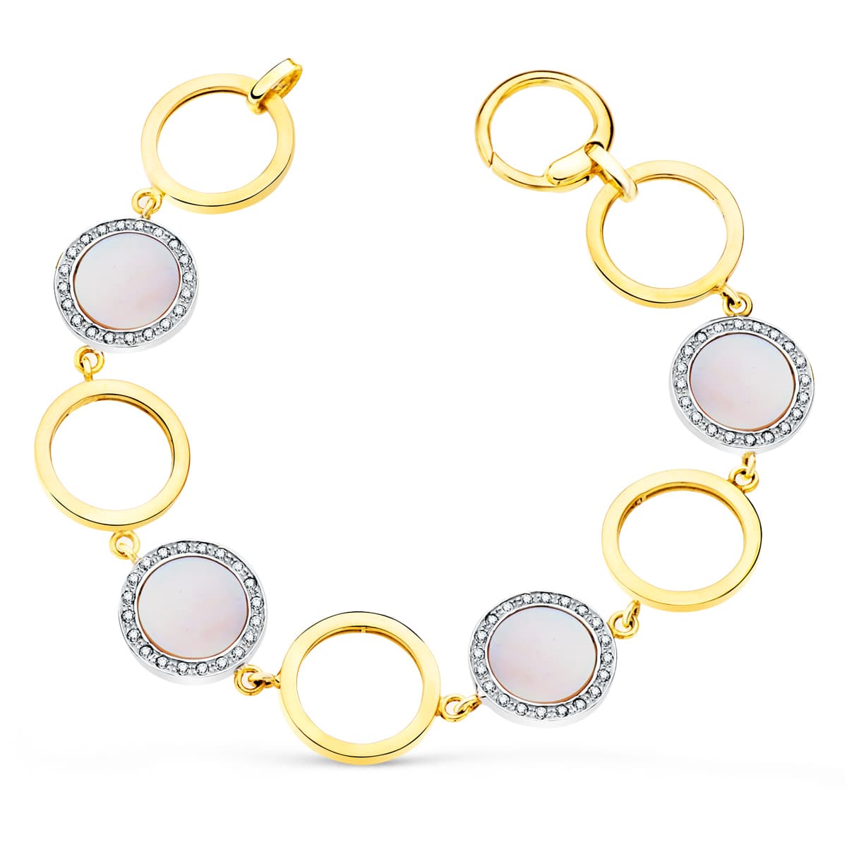 Pulsera Bicolor Circulos Calados 16 mm y Nacar Rosa 20 cm 18K