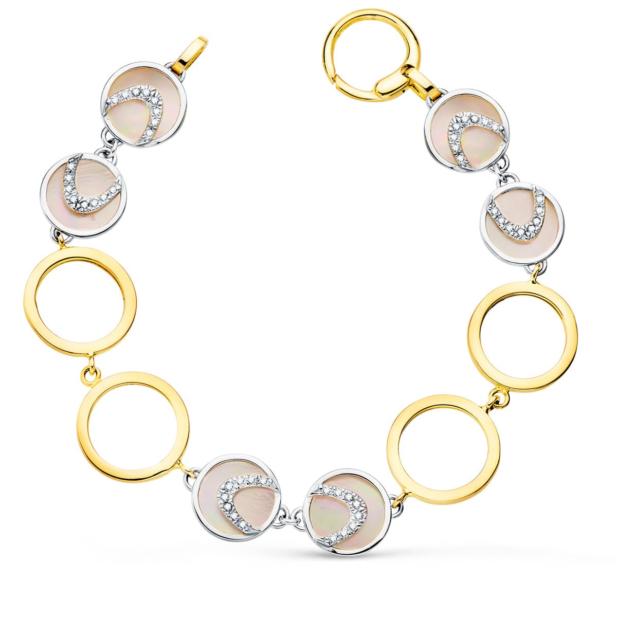 Pulsera Bicolor Circulos Calados 16 mm y Nacar Rosa 20 cm 18K