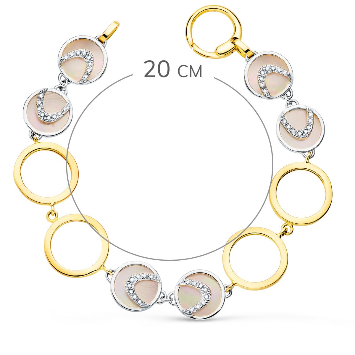 18K PULSERA ORO BICOLOR CIRCULOS CALADOS 16 MM Y NACAR ROSA 20CM