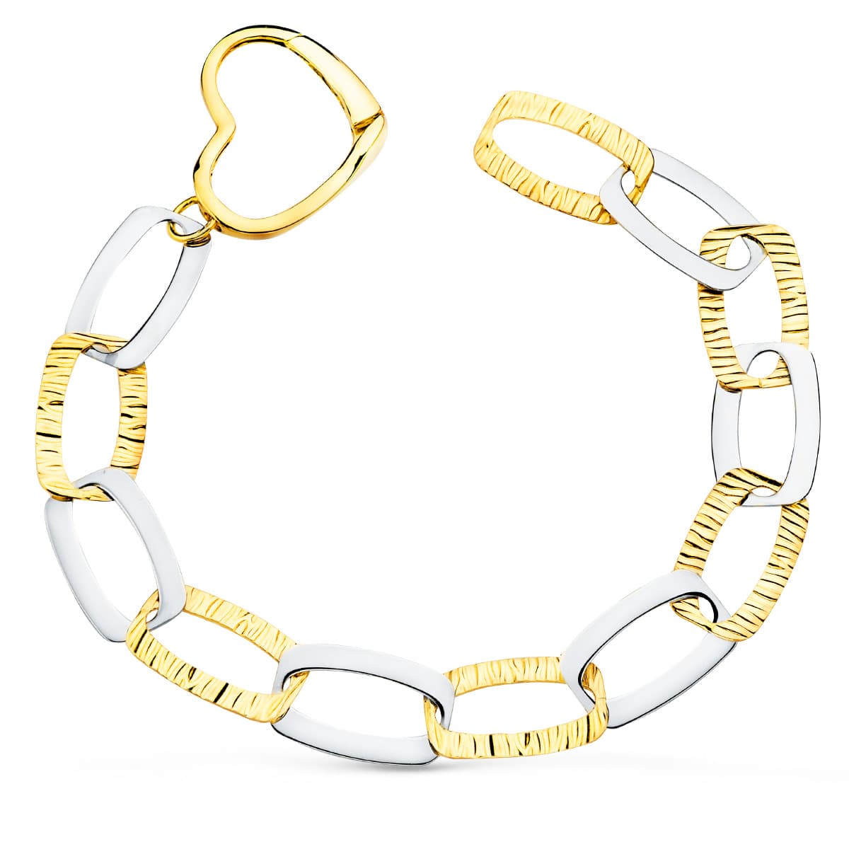 Pulsera Bicolor Eslabones y Cierre Corazon Ancho 20 mm Largo 22 cm 18K