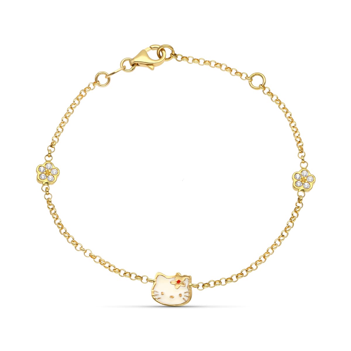 Pulsera Esmalte Gato y Flor Circonita 18 cm de oro amarillo 18K