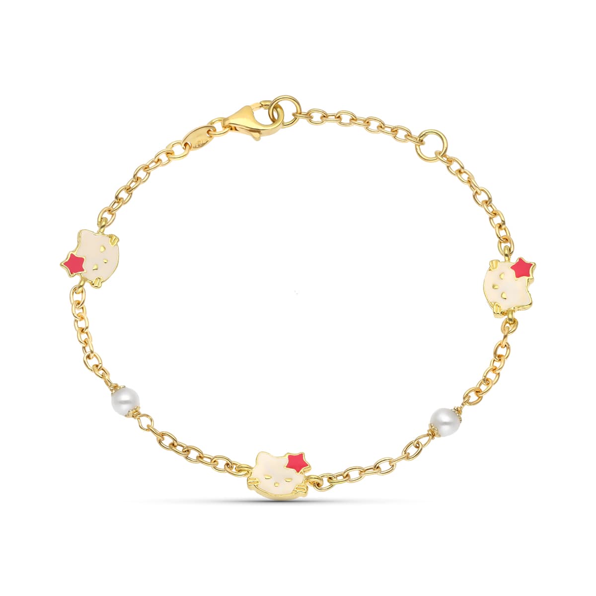 Pulsera Perla y Esmalte Gato 18 cm de oro amarillo 18K