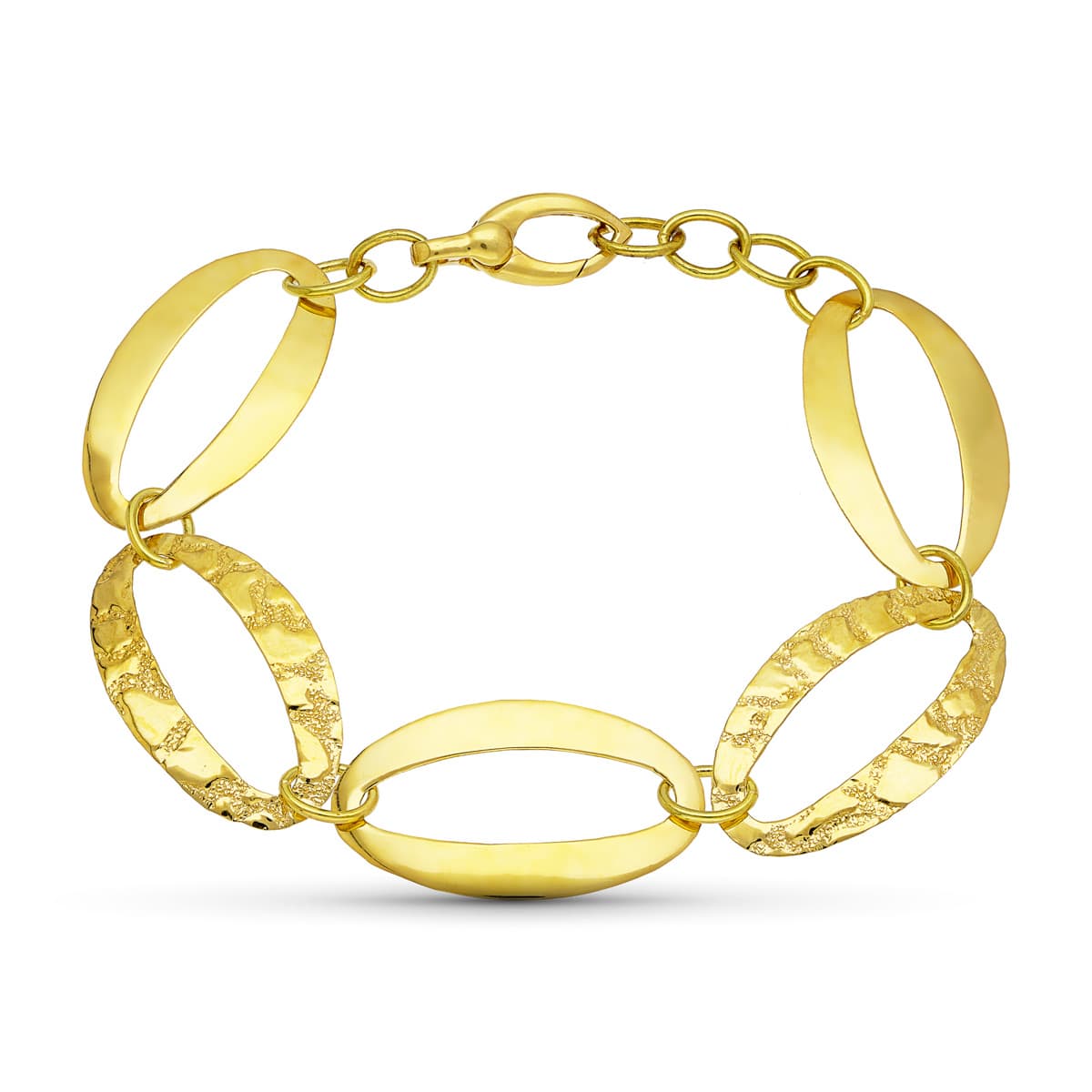 Pulsera Eslabon Oval Brillo y Labrado de oro amarillo 18K