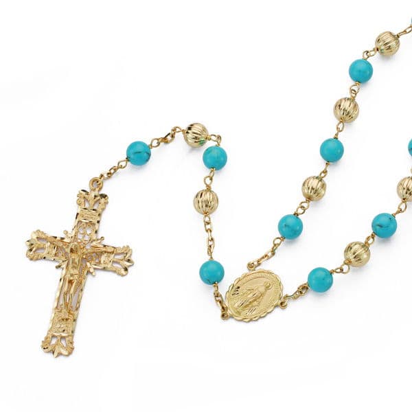 Rosario Bolas y Turquesas . 60 cm de oro amarillo 18K