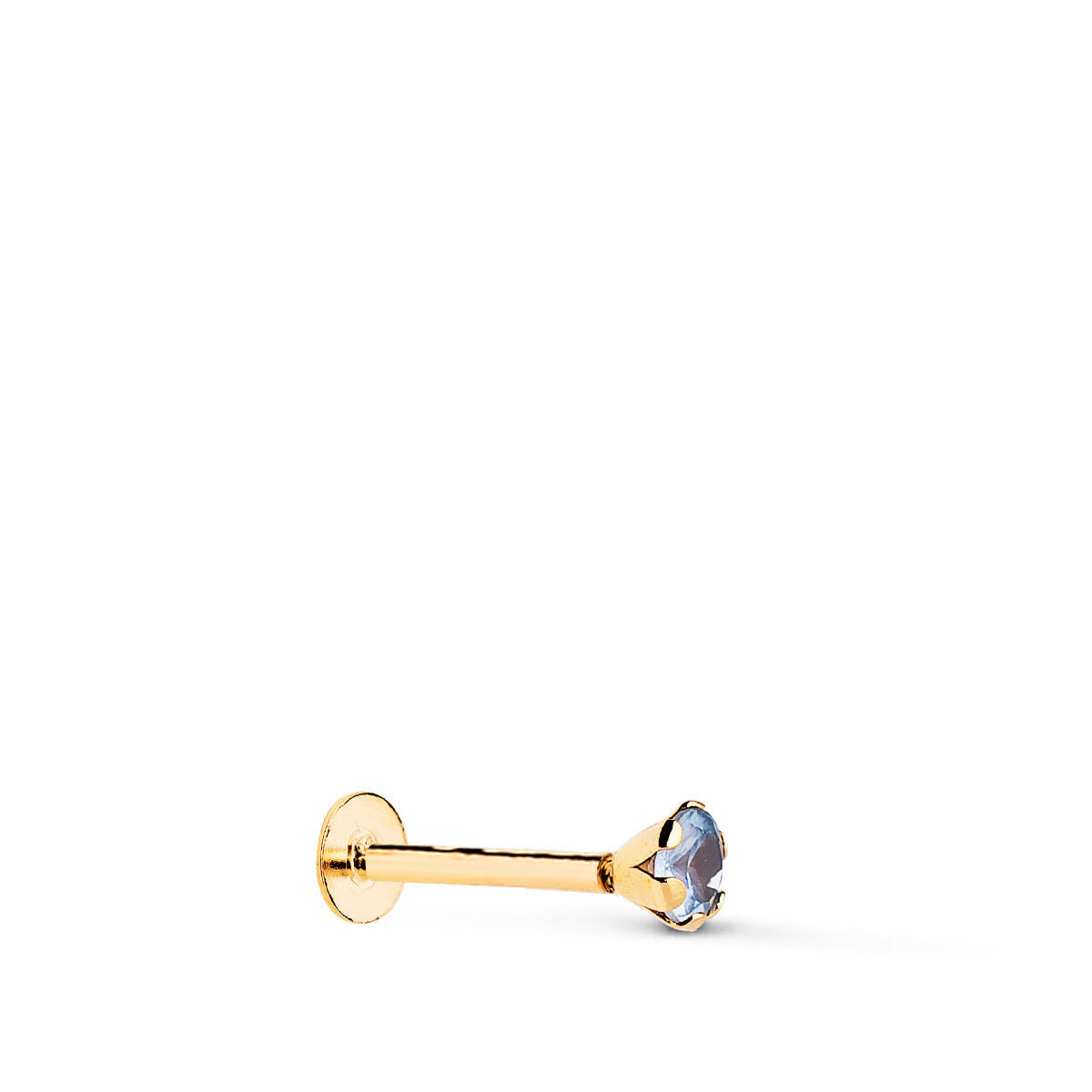 Piercing de Oreja Circonita Aguamarina con Garras 3,5 mm. Grueso Barra 1 mm. Cierre Tuerca de oro amarillo 18K